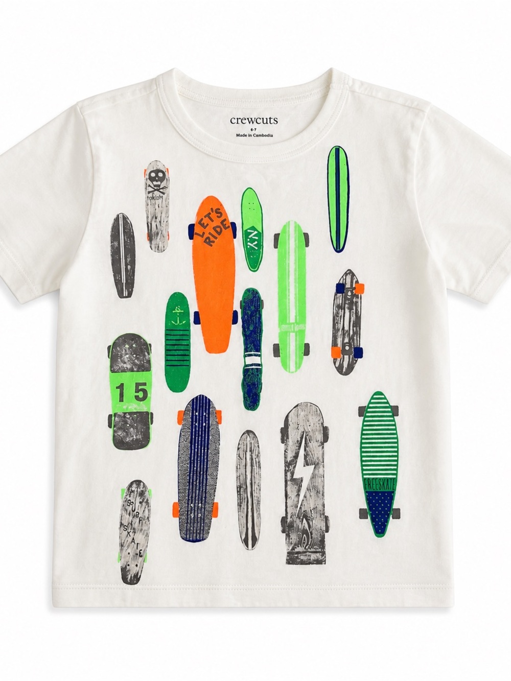 Crewcuts White Tee with Neon Skateboard Graphics